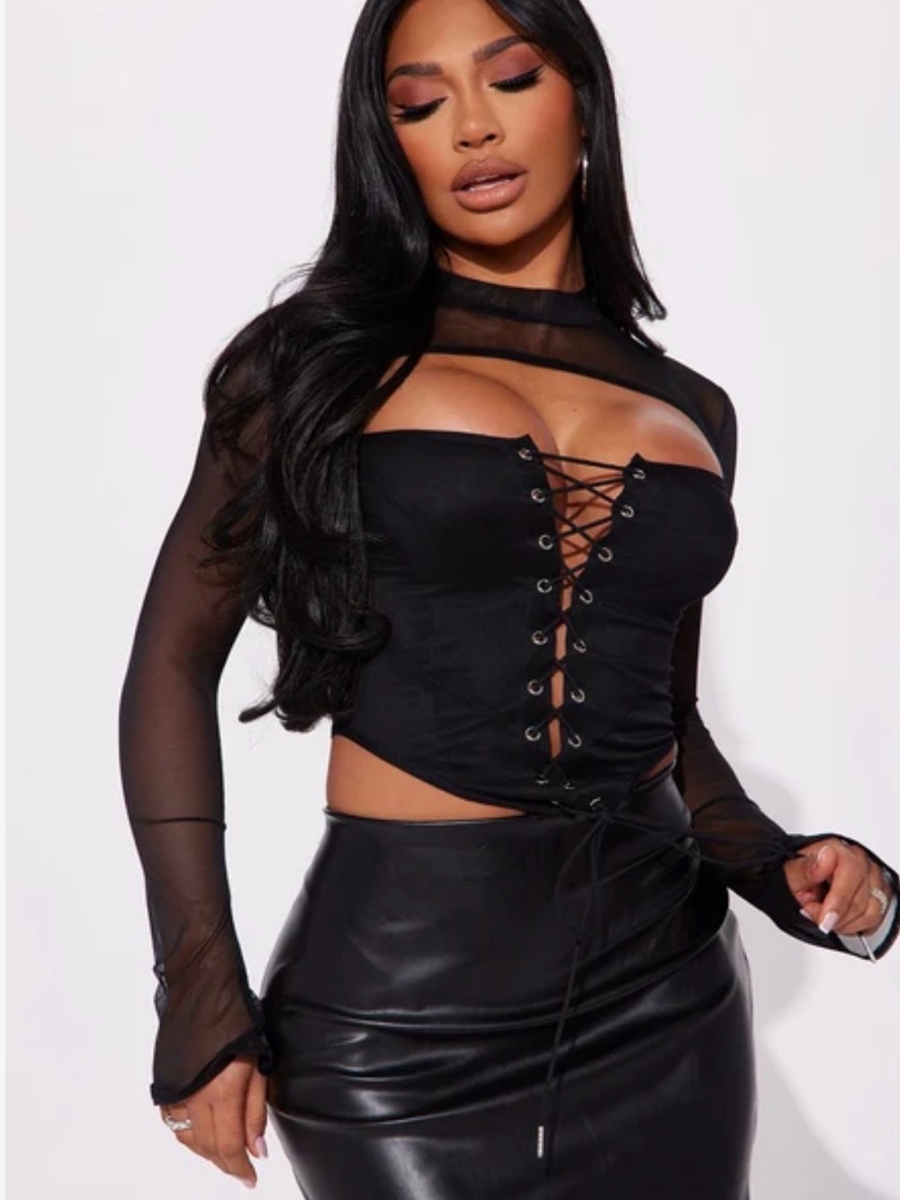 Fashion Nova Lace-Up Sheer Sleeve Corset Top